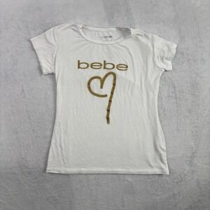 Bebe Heart Logo Gold Glitter White Short Sleeve Graphic Babydoll Top Women's M
